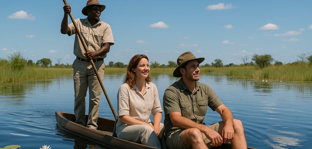 A poler with a mokoro ferring passengers in Okavango Delta