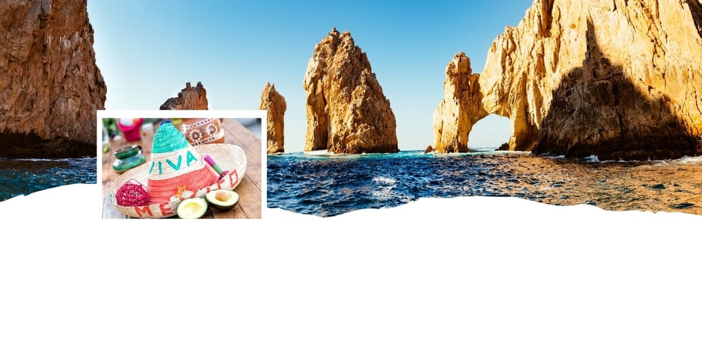 Montagem com chapéu típico mexicano e os arcos rochosos de Cabo San Lucas, ícones culturais e naturais do México vistos em cr