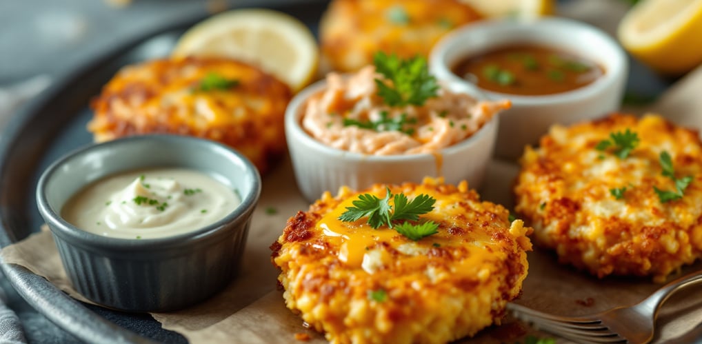 an arrangement of dipping sauces around crispy lemon crab cakes