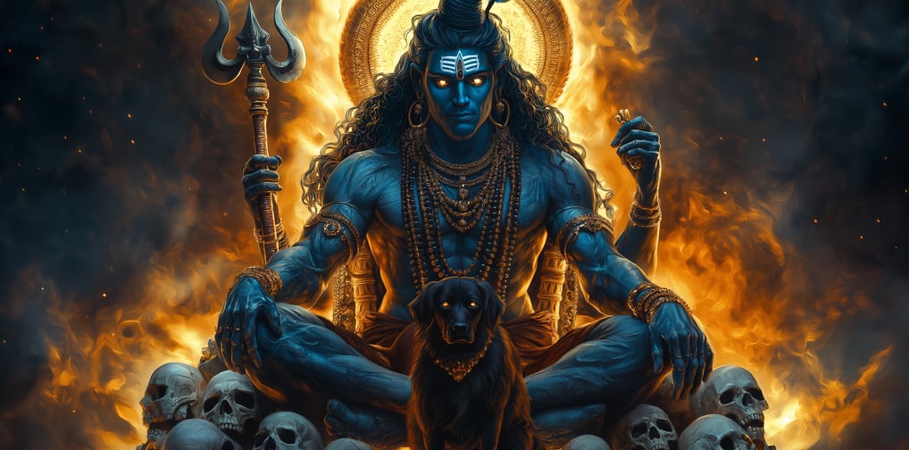 A fierce depiction of Kala Bhairav, a dark and wrathful form of Lord Shiv