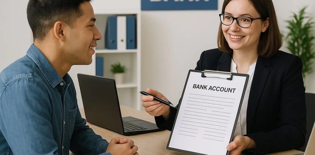 a man and woman sitting at a desk with a clipboard in bank