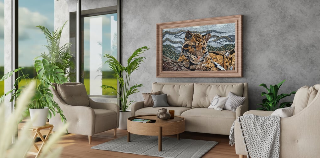 Colourful mosaic wall art adds a vibrant touch to a modern living room with neutral decor