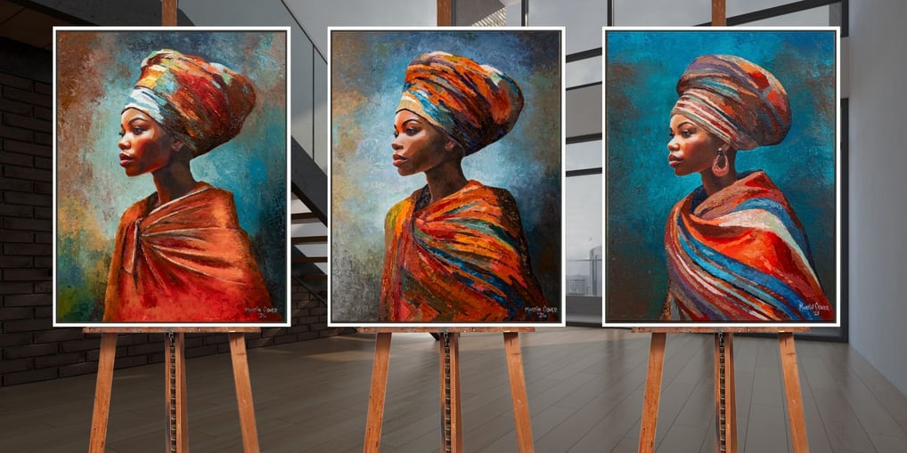 Painting of three sisters standing on easels in a modern interior painted by artist Martin Osner