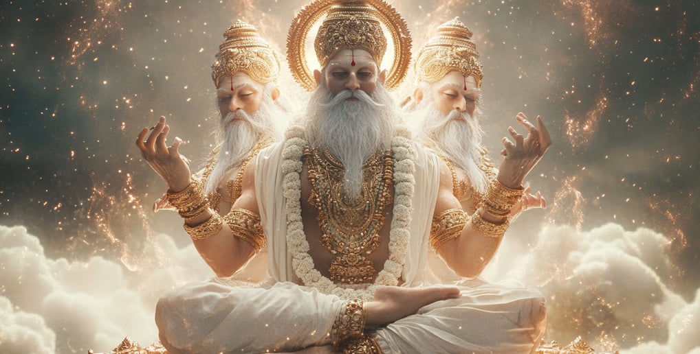three headed brahma meditating in celestial sky