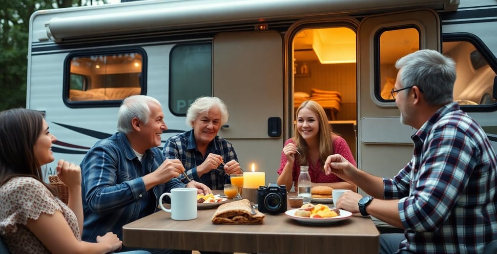 a group of people sitting around a table at a camping site with drinks and food