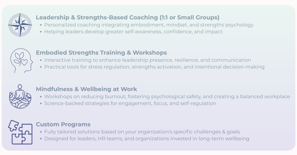 My offer embodied leadership, strengths based coaching, mindfulness & wellbeing at work