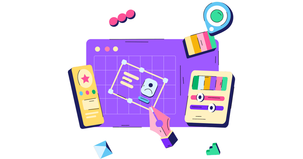 Illustration of a web design interface with tools, color palettes, and a grid layout
