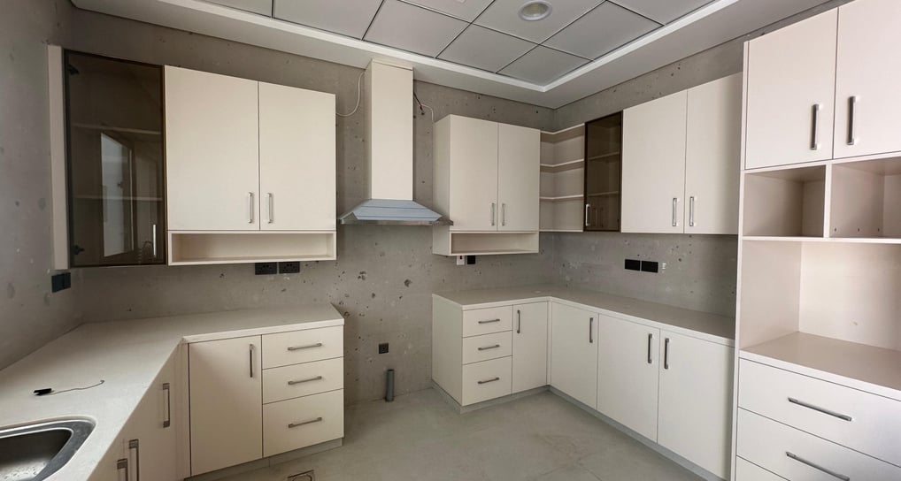 a kitchen with white cabinets and white cabinets
