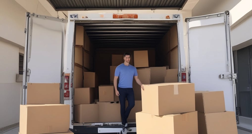 A large moving truck is parked on a residential street with its back doors open and a ramp leading down to the sidewalk. Boxes and furniture can be seen inside the truck, and a person is partially visible inside, seemingly organizing or unloading items. The surrounding area has lush green trees and grass, suggesting it’s a well-kept neighborhood.