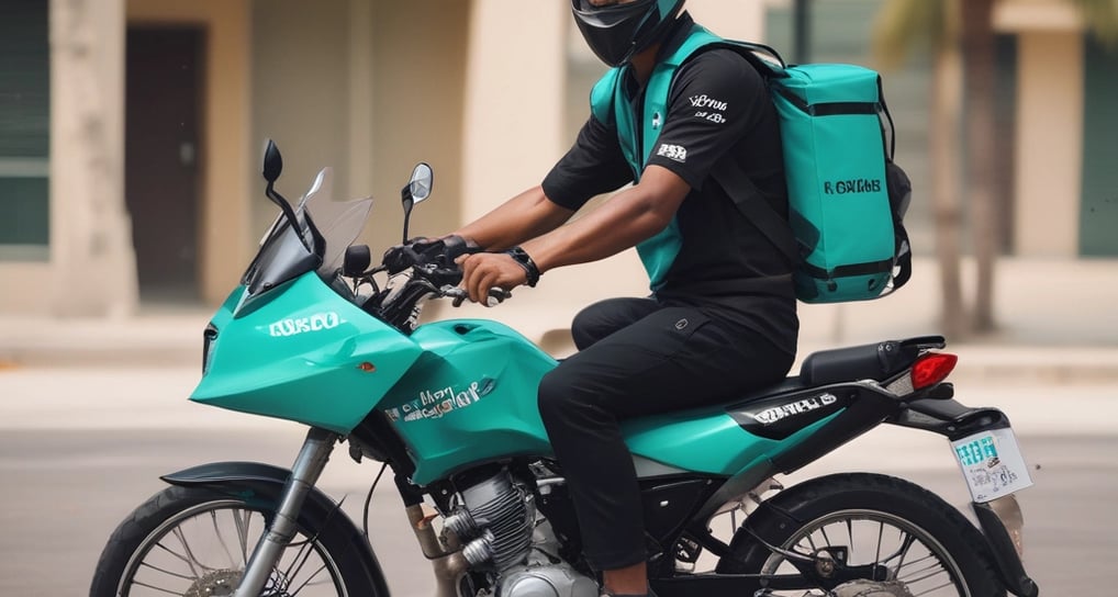 A delivery person dressed in green attire and a face mask is interacting with a mobile device while checking a matching green delivery bag. The background features a tree-lined street with buildings and vehicles, suggesting an urban setting.
