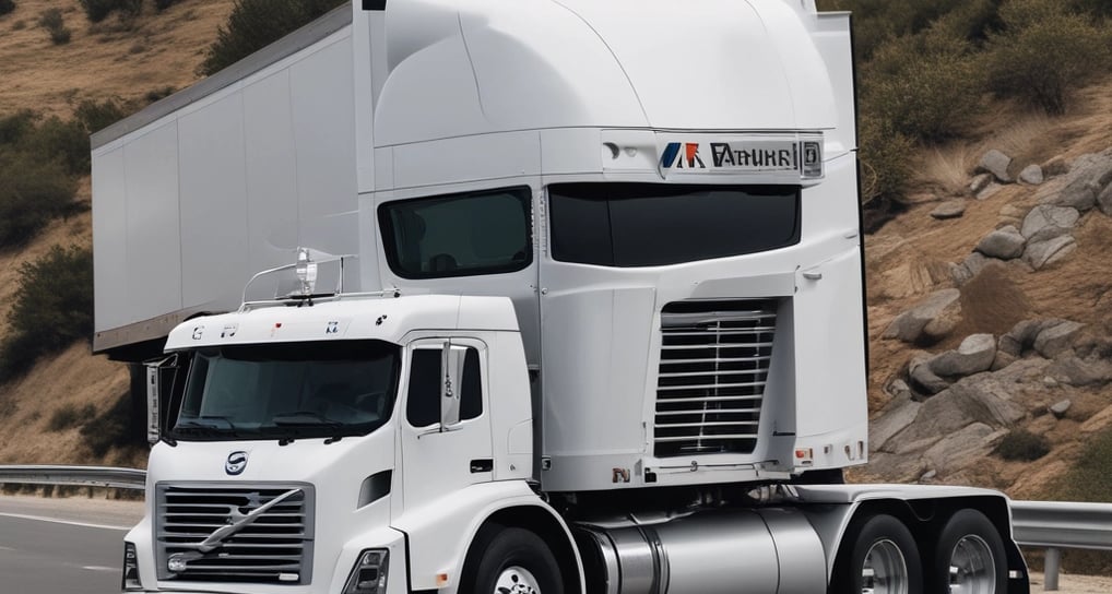 A small, orange three-wheeled vehicle is parked on a stone-paved area near a body of water. The vehicle is loaded with several large packages wrapped in blue and white paper. A brick and concrete barrier separates the vehicle from the water, and the sky is cloudy with patches of sunlight filtering through.