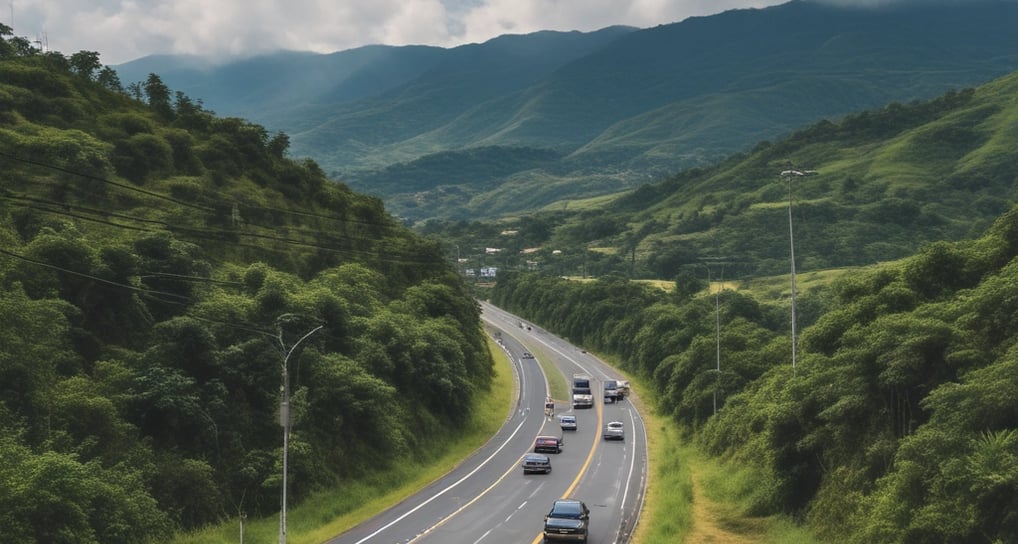 A blue coach bus with travel agency branding is crossing a narrow stone bridge surrounded by lush greenery. In the distance, a few people can be seen walking on a country road.