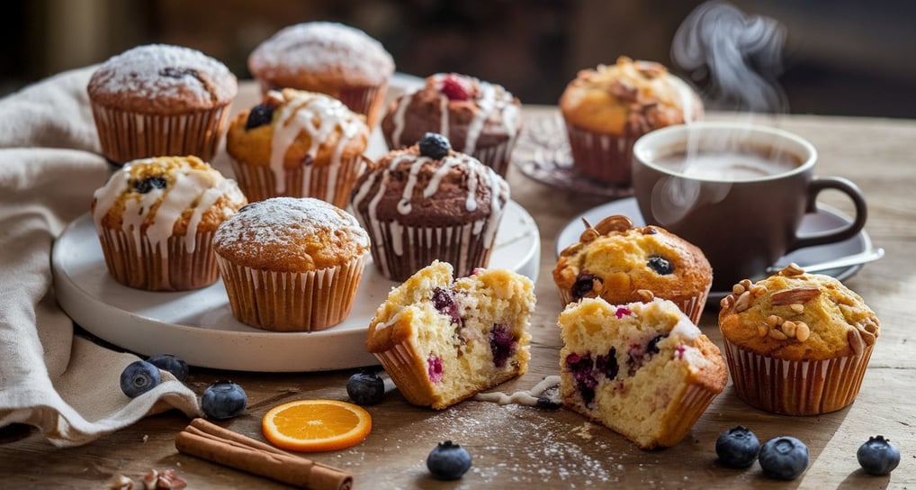 A warm and inviting breakfast scene featuring an assortment of freshly baked muffins on a rustic woo
