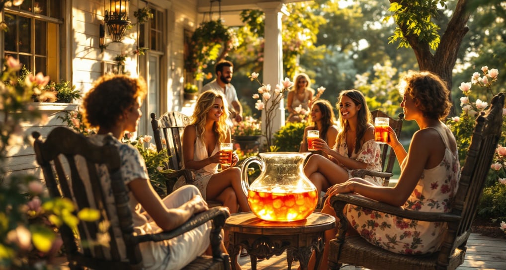 a shady porch in the South where people are drinking sweet tea and there is a pitcher of sweet tea o