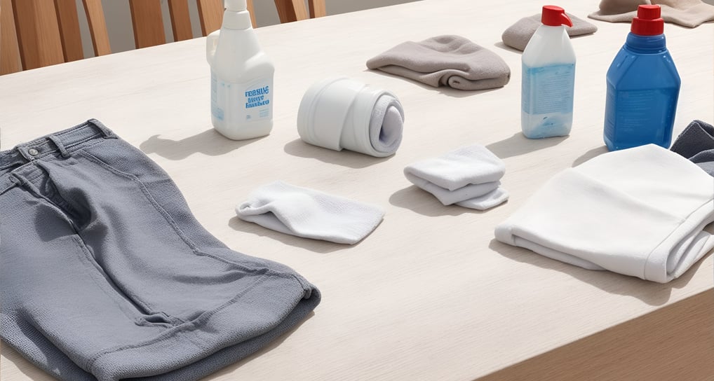 a table with a lot of clothes and a bottle of washing solution
