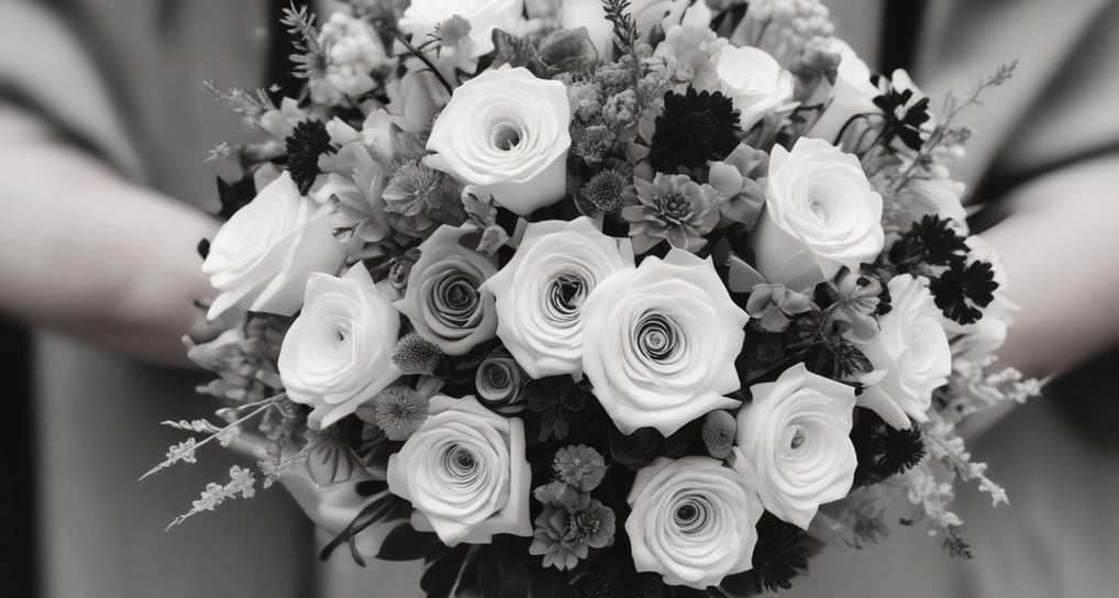 A bouquet of white and pink flowers wrapped in cellophane, with raindrops on the surface. A handwritten card with a heartfelt message is attached, expressing remembrance.