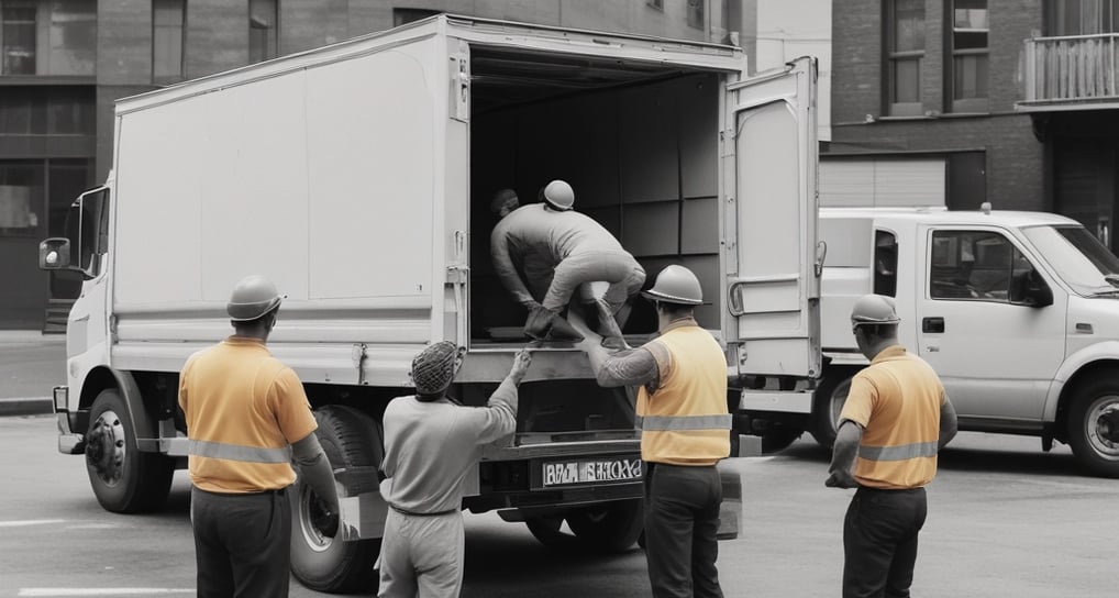 A man stands next to a large truck, which has a black tarp covering its side. Several other trucks appear lined up, and motorcycles are parked in the background. The area looks like an industrial or loading zone with concrete and metal structures.