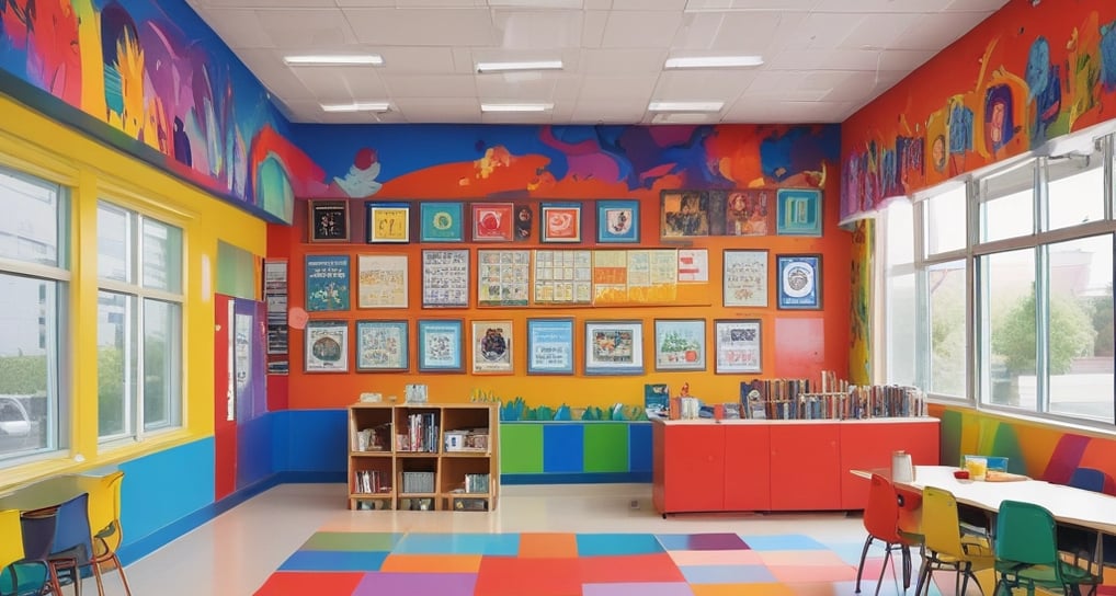 A colorful classroom with small tables and chairs, bright decorations, and educational materials. Children's artwork is displayed on the walls, and there are playful elements like painted benches and a vibrant alphabet rug.