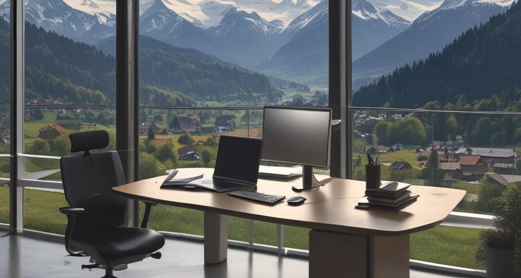 Swiss Alps view through office window – business inspiration