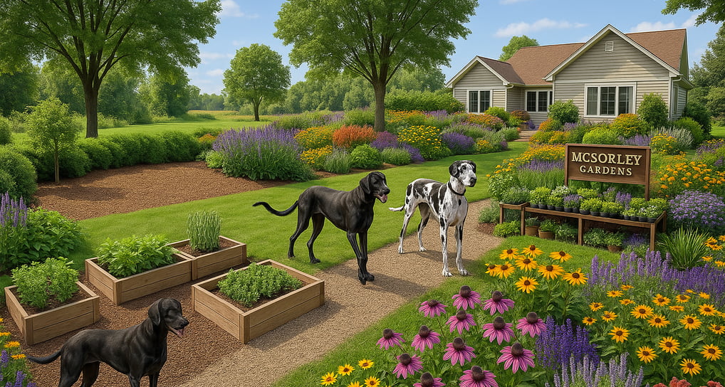 Three great danes in front of a garden with a sign "McSorley Gardens".