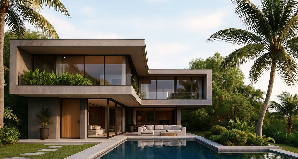 a house with a pool and palm trees