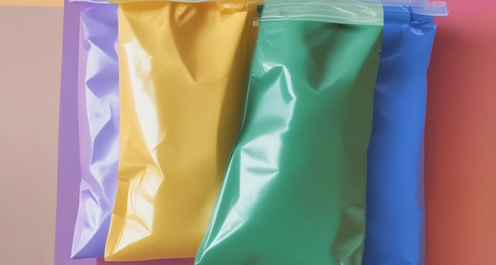 Plastic bags filled with various dry goods hang from hooks in an indoor market setting. The background is slightly blurred, showing other market stalls under a roof with lighting.