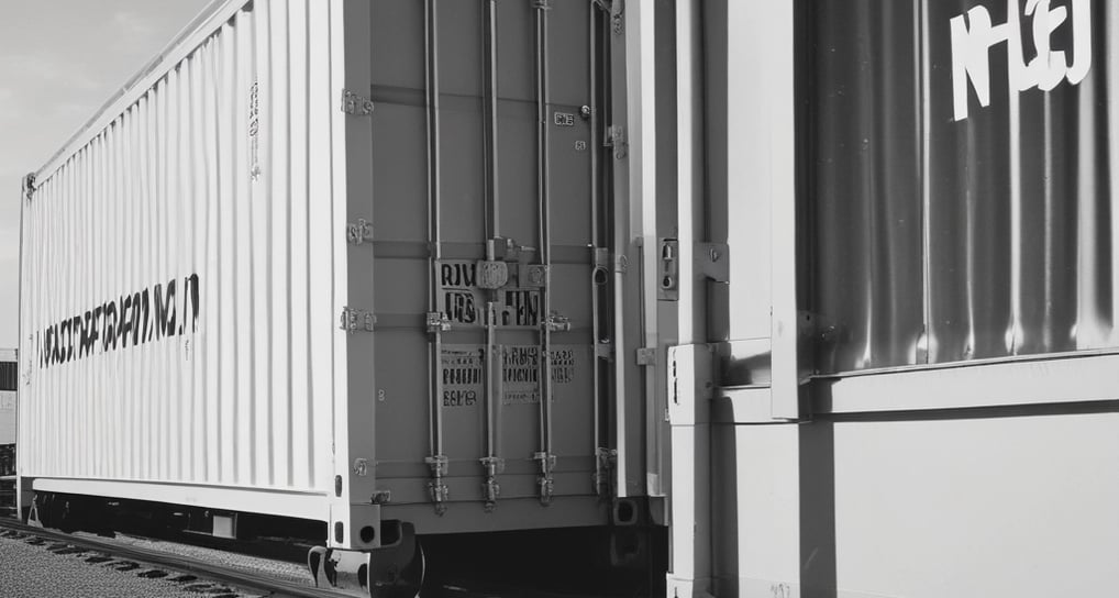 Yellow and white DHL freight containers are lined up on a train track under clear blue skies. Overhead electrical wires stretch across the scene, indicating a railway setting.