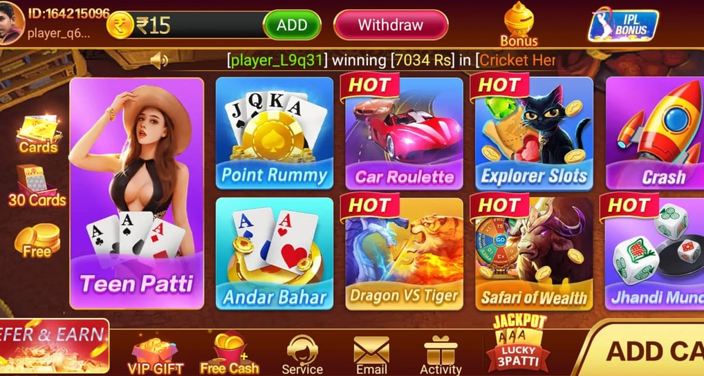 Teen Patti Master App Layout showing 40+ games including teen patti.