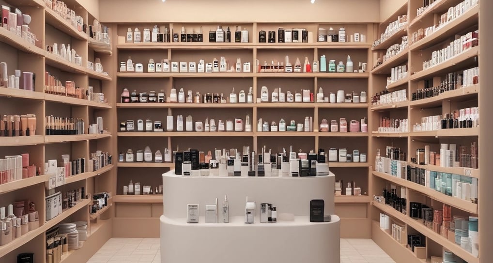 A collection of skincare and beauty products is displayed on a white surface. There are bottles and tubes of various sizes, with labels visible on some of them. A decorative white dish holds a selection of gold jewelry pieces, including earrings and perhaps a necklace. The background includes a framed print and the corner of a magazine stack.