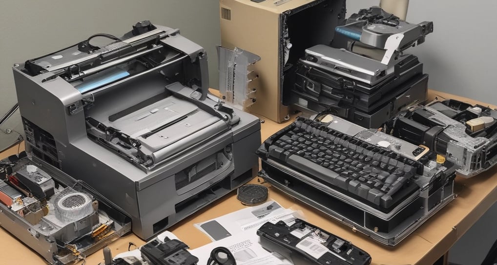 A dimly lit storage room filled with shelves and various office supplies. There are boxes, binders, and paper rolls placed on different racks. A large photocopy machine is visible in the center of the room, surrounded by other electronic equipment. The lighting is primarily fluorescent, casting a purple hue throughout the space.