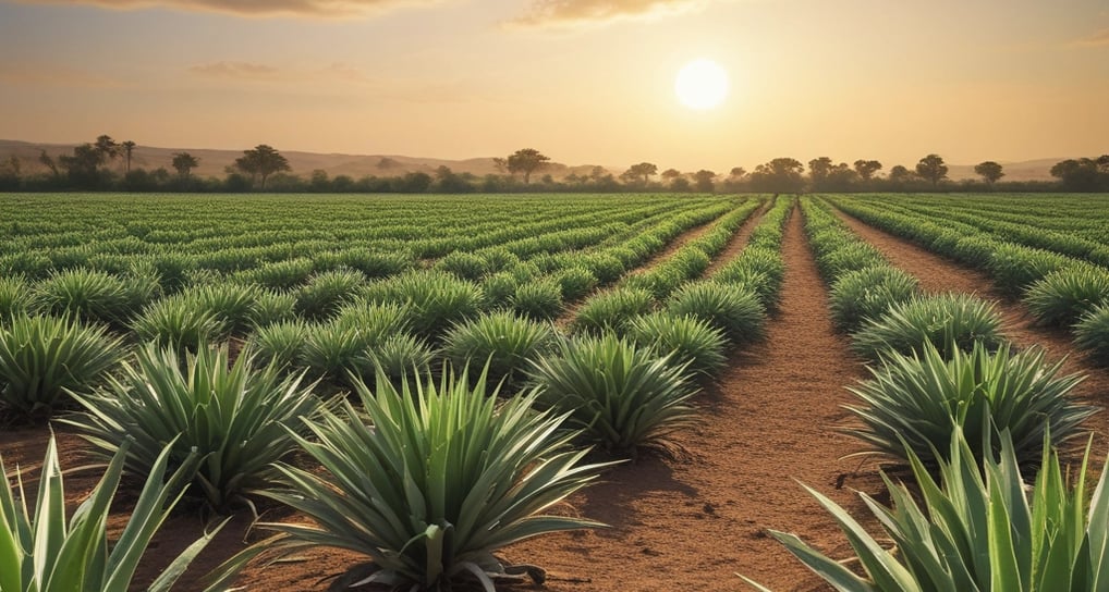 A large aloe vera plant with thick, spiky leaves is surrounded by a trail and lush green foliage, set amidst a natural outdoor environment.