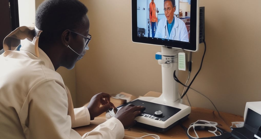 A professional consultation setting with a medical professional sitting at a desk facing a client. The room has a modern aesthetic with white walls decorated with framed certificates. The desk is organized with office supplies, a laptop, and a fruit bowl in the center.