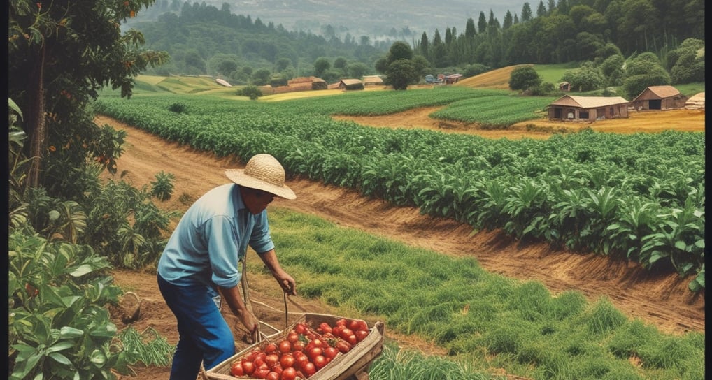 A group of women engaged in agricultural work bends over while tending to plants in a lush, green field. They wear colorful attire with headscarves, and the surrounding area is dense with vegetation and trees.