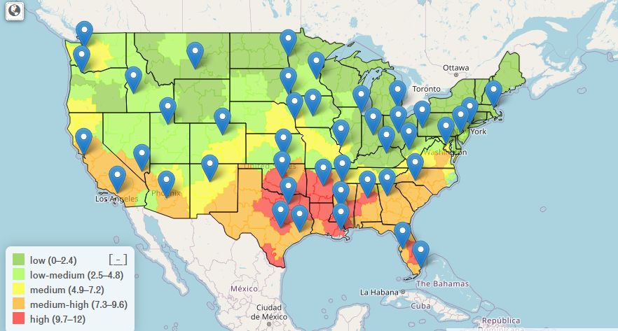 Sample screen shot of interactive color coded pollen map from Pollen.com. 