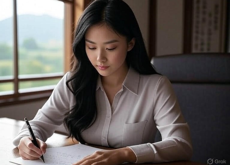 a woman in a white shirt is writing on a paper