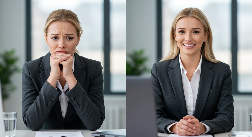 left side a nervous business professional female on a video call split screen confident right side