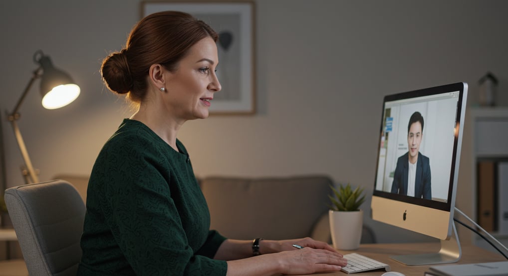 professional virtual online mock interview with woman looking at the screen