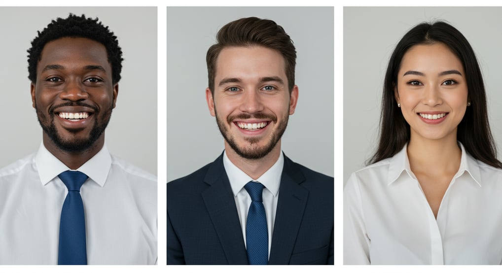 from 3 races, 2 men and 1 women wearing professional tops and collar styles for virtual interview.