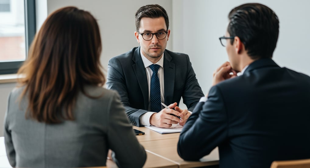Three people are sitting at a table, engaged in a discussion.