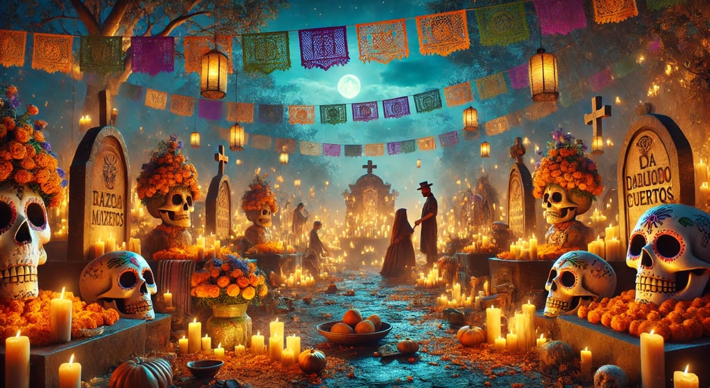 Pessoas celebrando o Dia dos Mortos com trajes tradicionais de caveira.