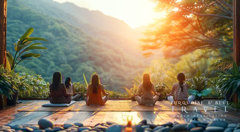 a group of women meditating in a beautiful, serene locale in the forest mountains