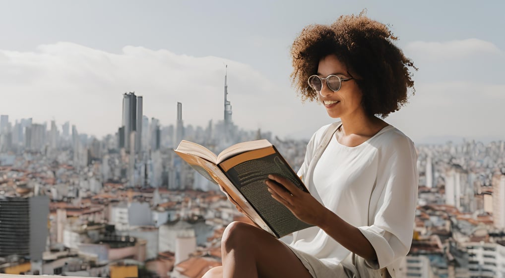 Black woman Digital Nomad reading a book with Bangkok cityscape in the background