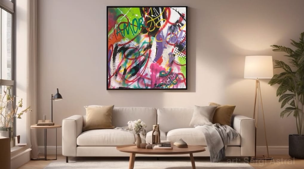 Sala com quadro na parede, estilo arte urbana.