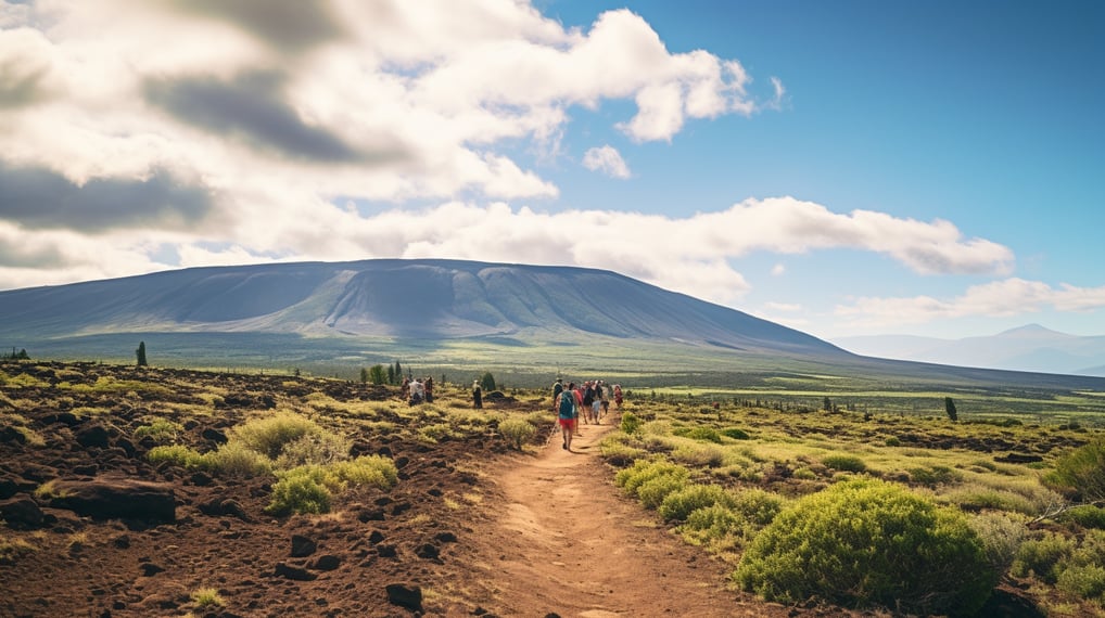 Tourists on a hike to Mauna Loa in Hawaii