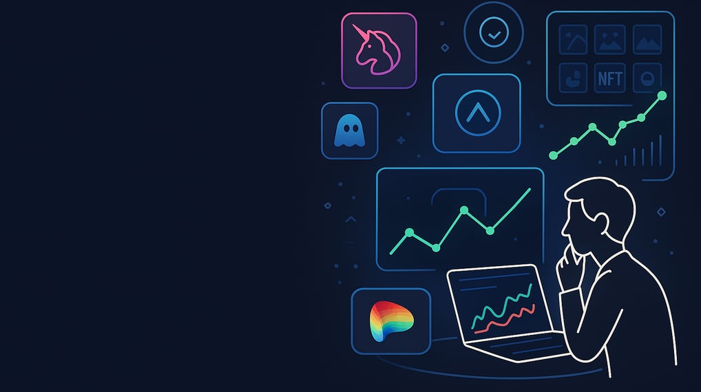 Digital illustration of a person at a laptop analyzing DeFi data, with surrounding neon icons repres