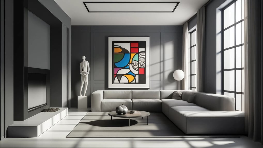 Interior de casa brasileira moderna com paredes cinzas, mobiliário minimalista e decoração elegante,