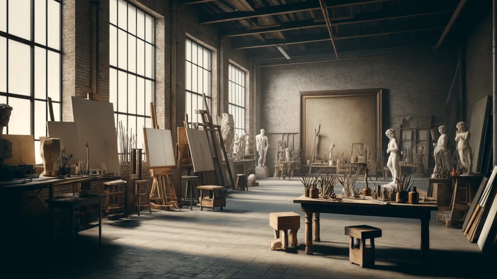ateliê de arte antigo no estilo de um galpão, com diversas peças de arte, esculturas, quadros e pinc