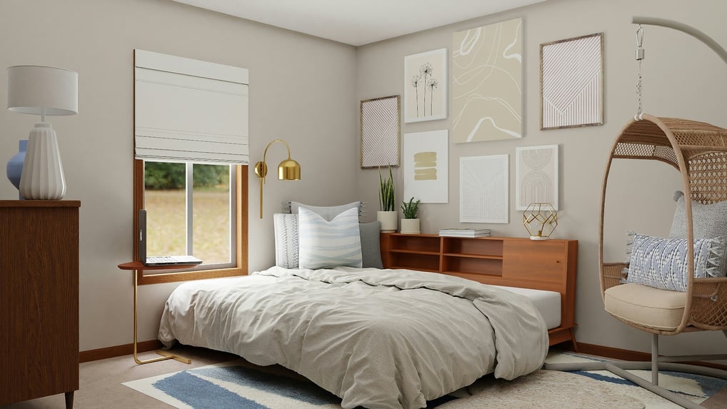 a bedroom with a hanging chair and a hanging chair