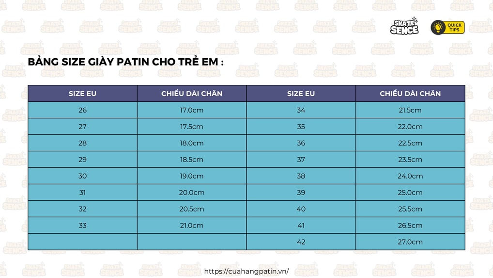 bảng size giày patin trẻ em
