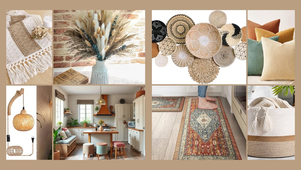 a collage of photos of a room with a rug and other bohemian style decor